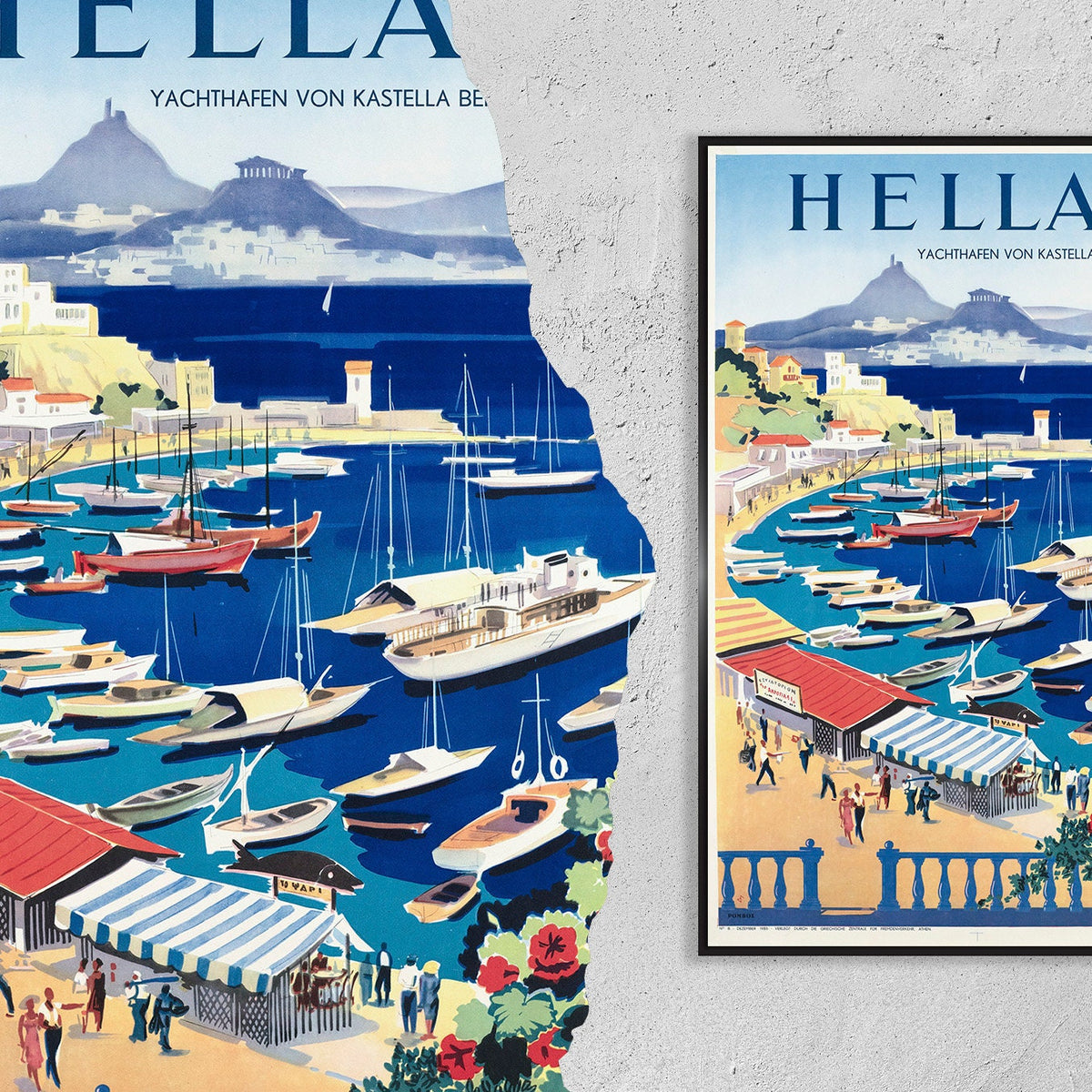 Hi-Res-Druck – A4, A3... 20x30 Zoll... Reise-Meerboot, Hellas Griechenland Hafen, Yachthafen von Kastella bei Athen, 1955 – Vintage-Bootsposter