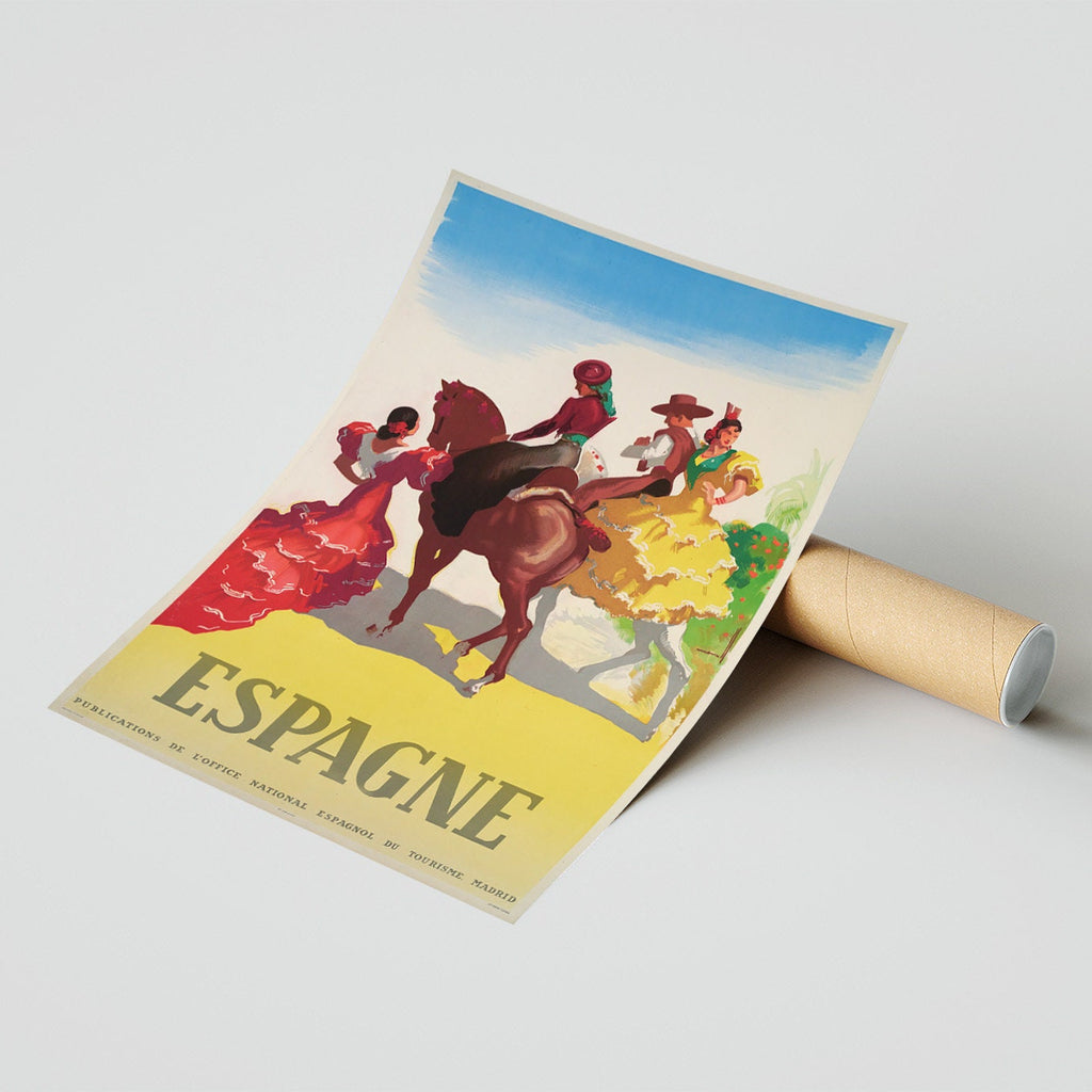 Hi-Res-Druck - A4, A3...20x30 Zoll... Spanien, Ausgefallene Kleider aus Sevilla, Espagne, Flamenco-Stil, 1949 - Vintage-Reiseplakat