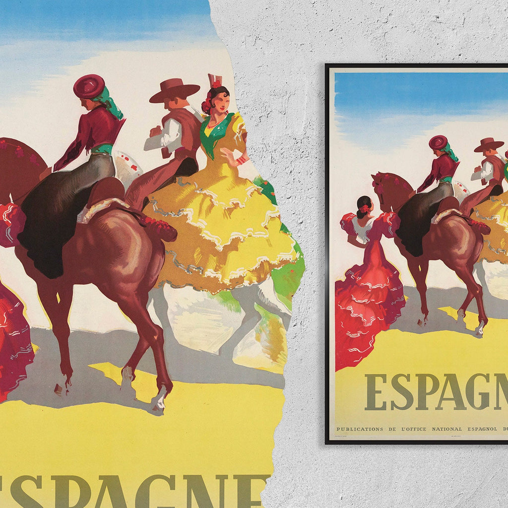Hi-Res-Druck - A4, A3...20x30 Zoll... Spanien, Ausgefallene Kleider aus Sevilla, Espagne, Flamenco-Stil, 1949 - Vintage-Reiseplakat