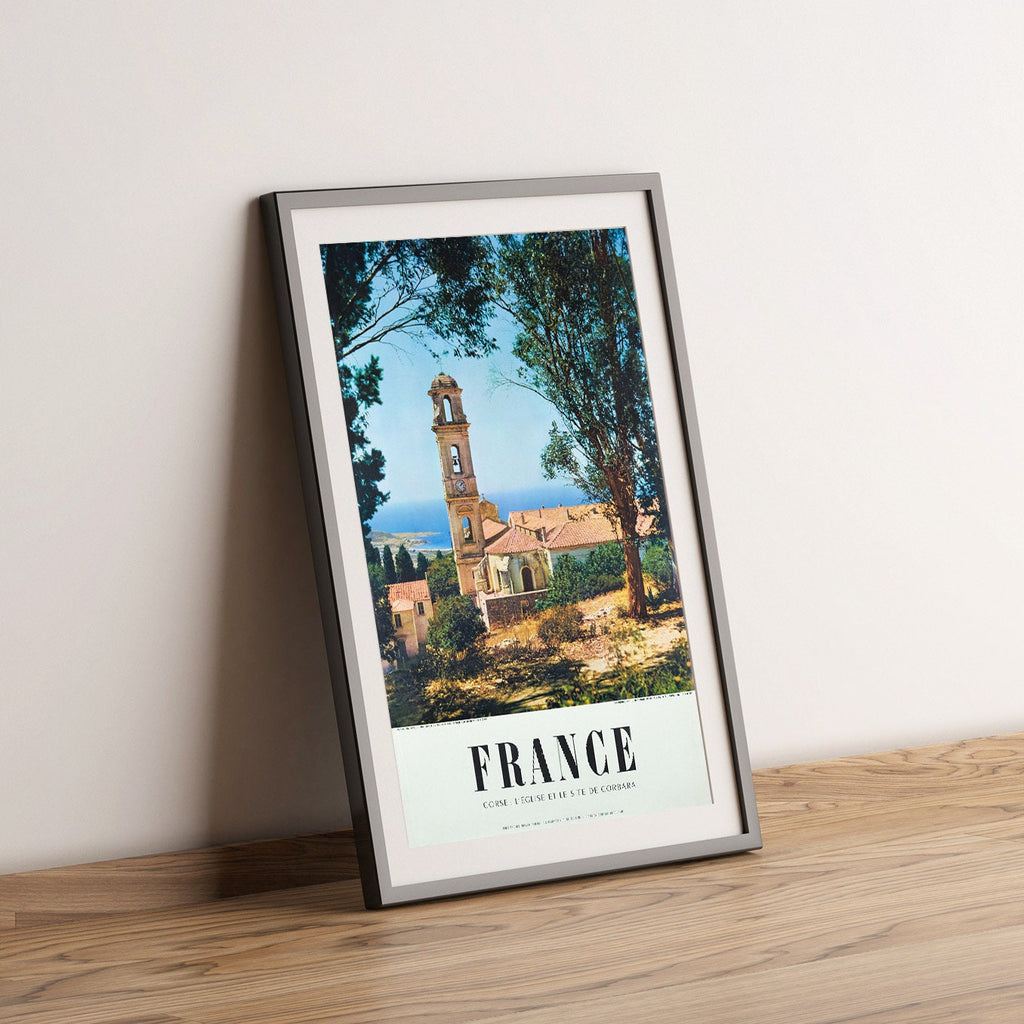 Hochauflösender Druck – A4, A3… 20x30 Zoll… Frankreich, Korsika Frankreich Kirche, Korsika, L'église et le site de Corbara, 1955 – Vintage-Reiseplakat