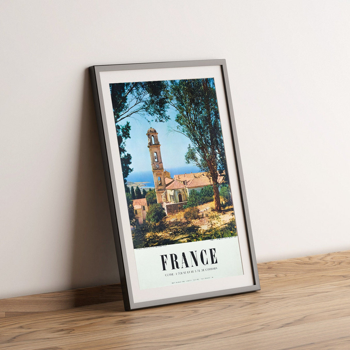 Hochauflösender Druck – A4, A3… 20x30 Zoll… Frankreich, Korsika Frankreich Kirche, Korsika, L'église et le site de Corbara, 1955 – Vintage-Reiseplakat