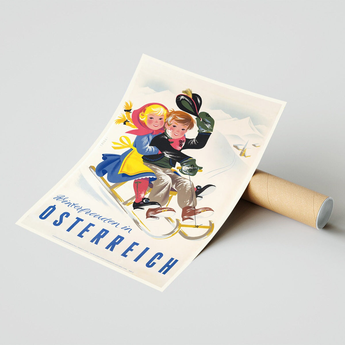 Hi-Res-Druck - A4, A3...20x30 Zoll... Bergwinter, Winterfreuden in Österreich, Austria Luge Ski, 1952, Vintage Wintersport-Poster