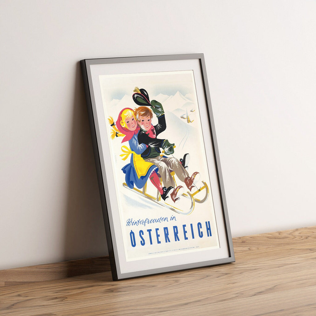Hi-Res-Druck - A4, A3...20x30 Zoll... Bergwinter, Winterfreuden in Österreich, Austria Luge Ski, 1952, Vintage Wintersport-Poster