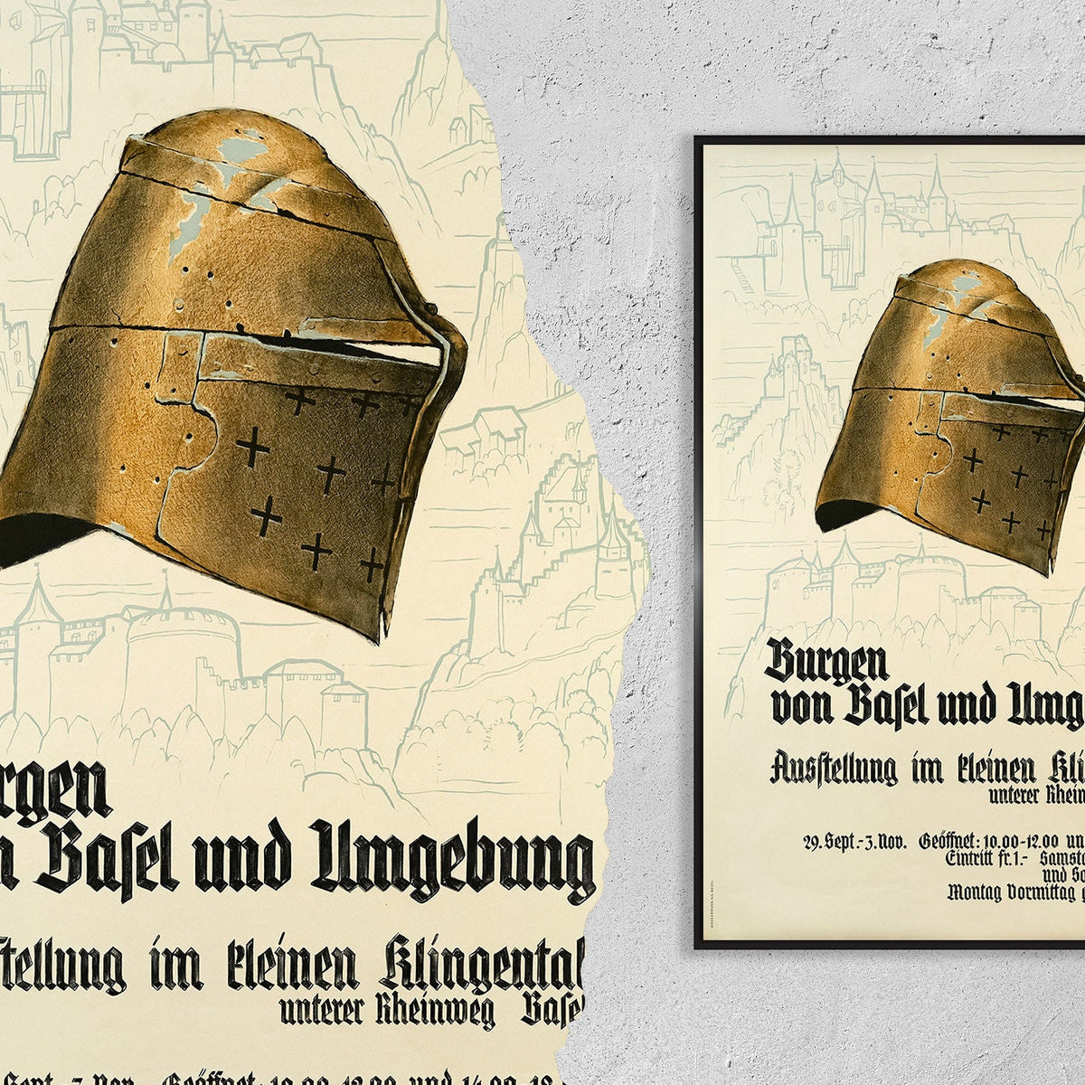 Hochauflösender Druck - A4, A3... 20x30 Zoll... Militärausstellung, Basel, Burgen von Basel und Umgebung, Schweiz, 1946 - Vintage Poster