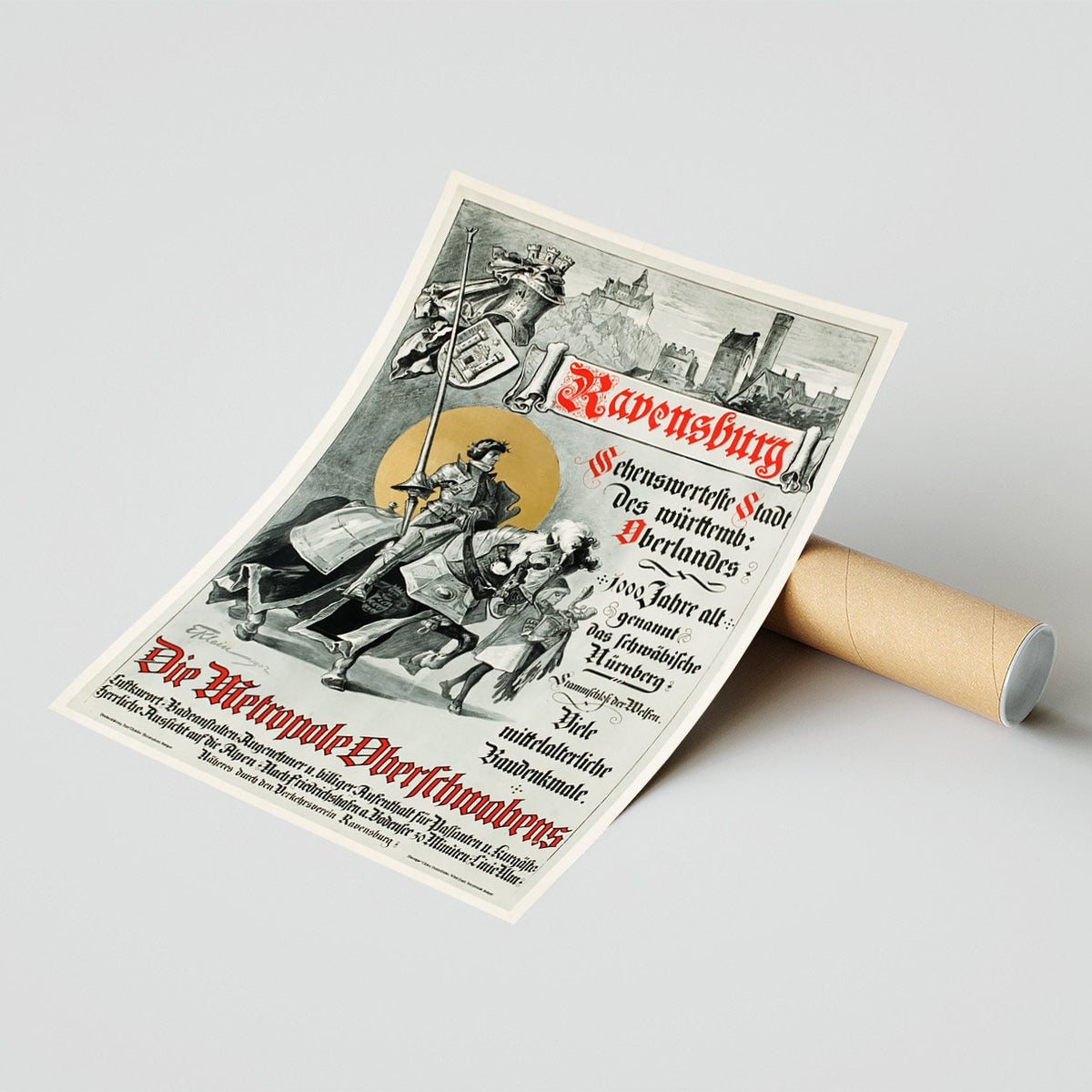 Vintage Kunstdruck-Poster - A4, A1...20x30 Zoll.. Deutsches Poster, Ravensburg, Die Metropole Oberschwabens, 1902, Vintage Print Poster
