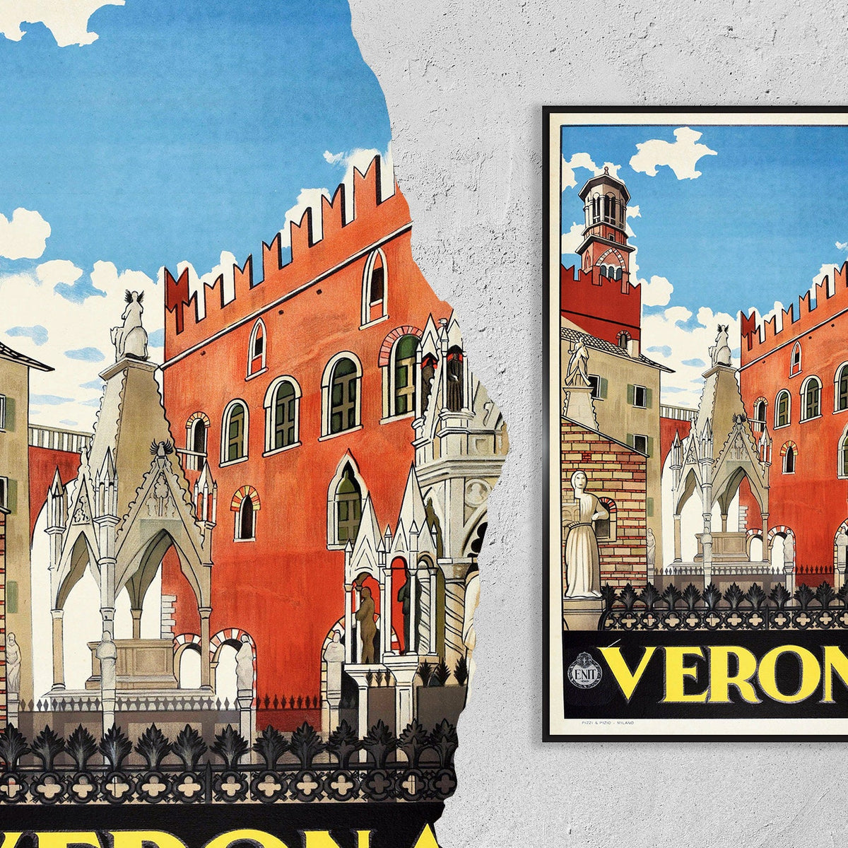 Vintage Kunstdruck - A4, A1...20x30 inch... Besuchen Sie Italien, Verona Venetien, Italien Reise, Büro ENIT Italia Stadtansicht, 1938 - Reiseplakat