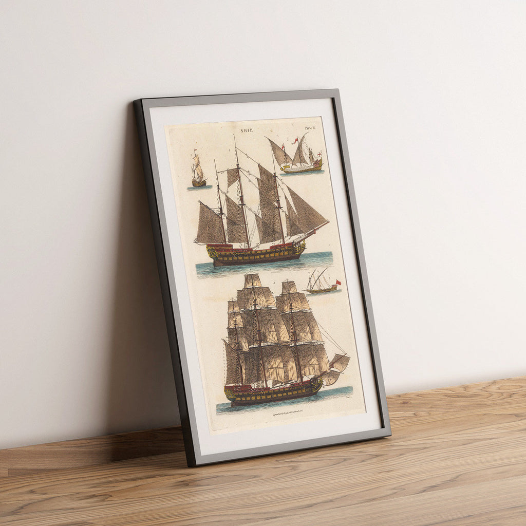 Vintage Kunstdruckposter – A4, A2...18x27 Zoll... Schiffskonfigurationen nach Masten, John Wilkes, Encyclopaedia Londinensis, 1828 – Schiffsdruck