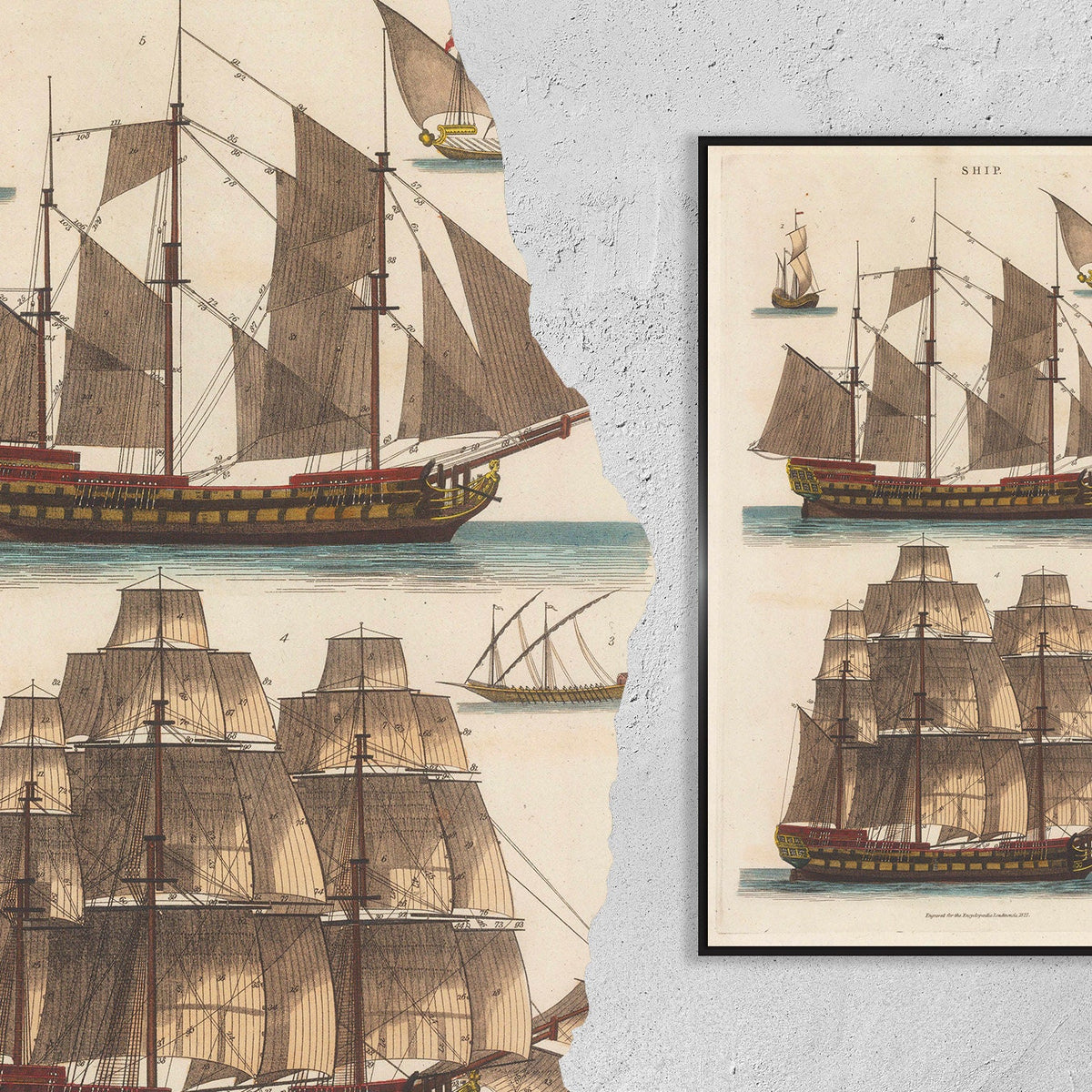 Vintage Kunstdruckposter – A4, A2...18x27 Zoll... Schiffskonfigurationen nach Masten, John Wilkes, Encyclopaedia Londinensis, 1828 – Schiffsdruck