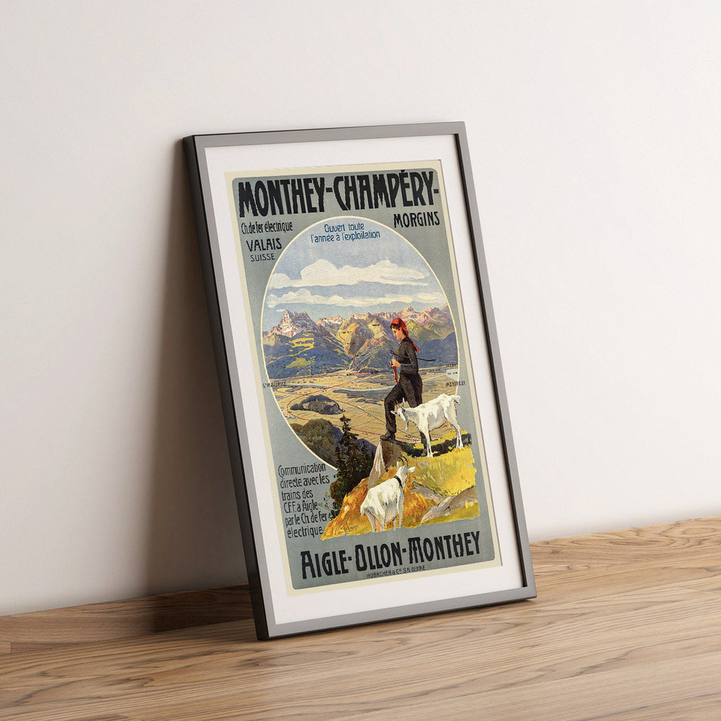 Vintage Kunstdruckposter - A4, A1...20x30 Zoll... Poster für die A.O.M.C. Eisenbahn, Monthey Champéry Morgins, Aigle Ollon Monthey, 1908