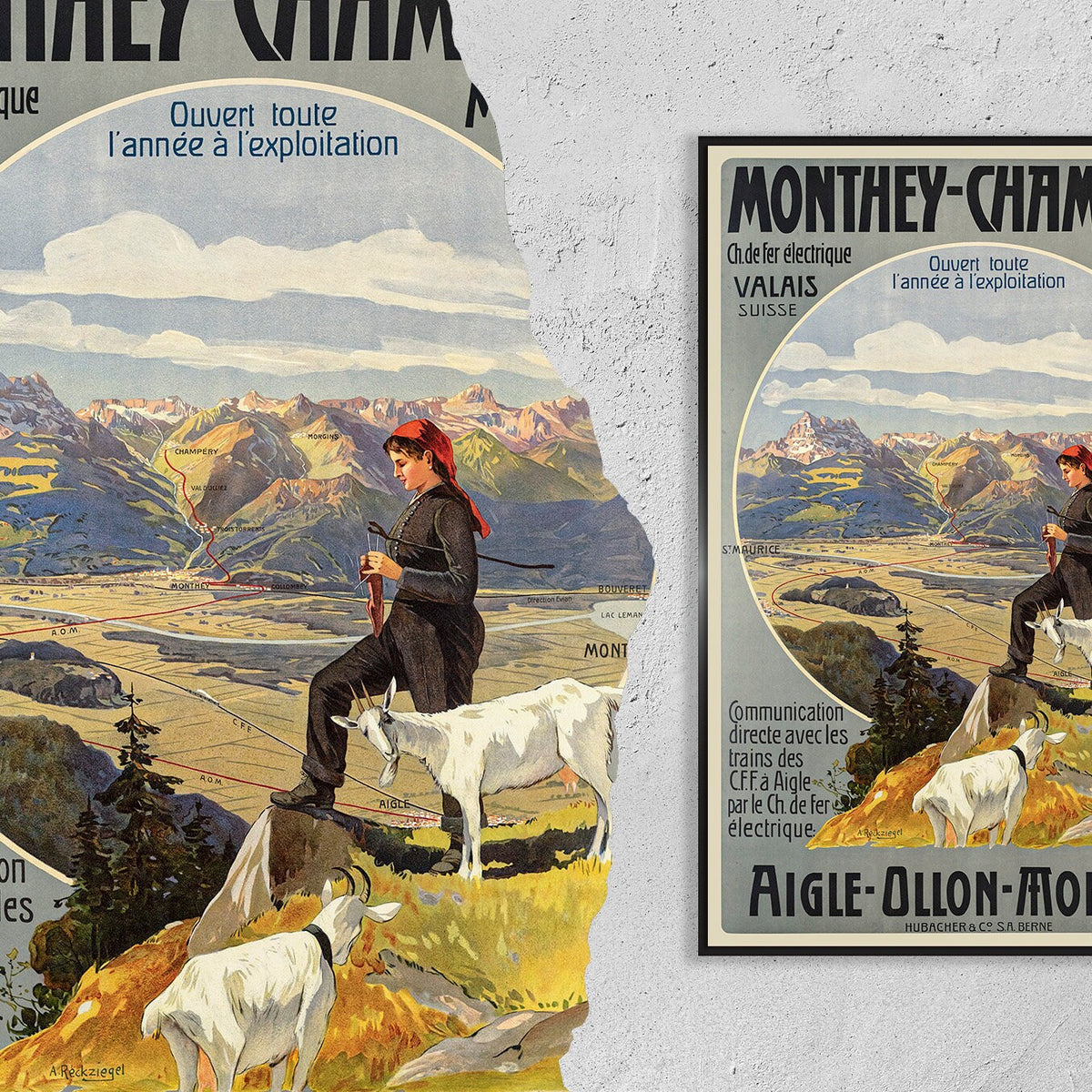Vintage Kunstdruckposter - A4, A1...20x30 Zoll... Poster für die A.O.M.C. Eisenbahn, Monthey Champéry Morgins, Aigle Ollon Monthey, 1908