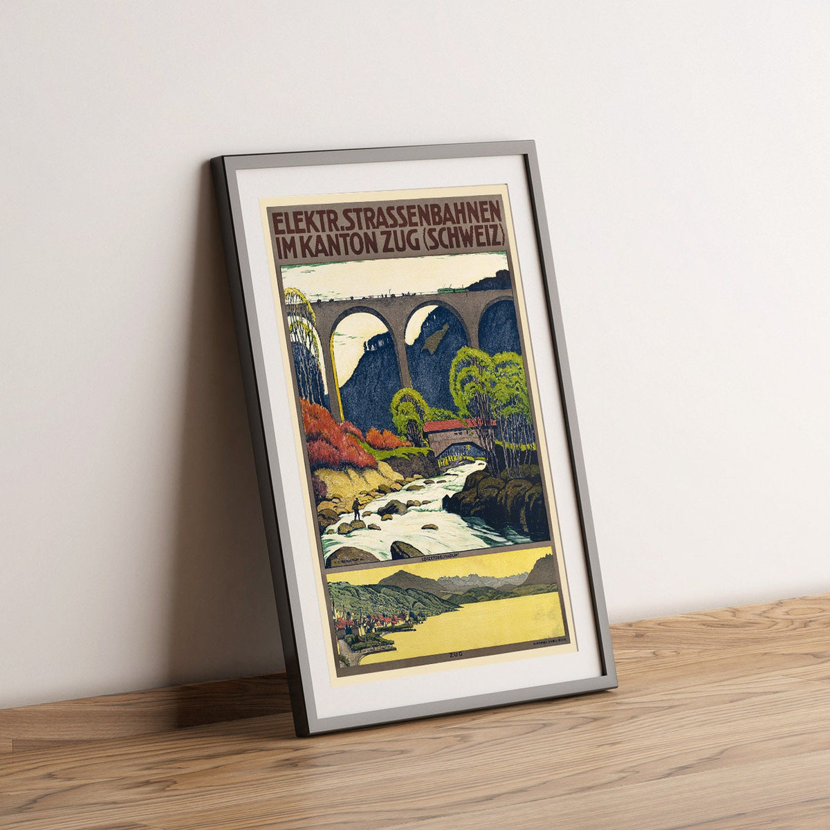 Hochauflösender Druck - A4, A3...20x30 Zoll... Elektrische Strassenbahnen im kanton Zug, Schweiz, J.C. Müller, Zürich, 1914 - Vintage Reiseplakat