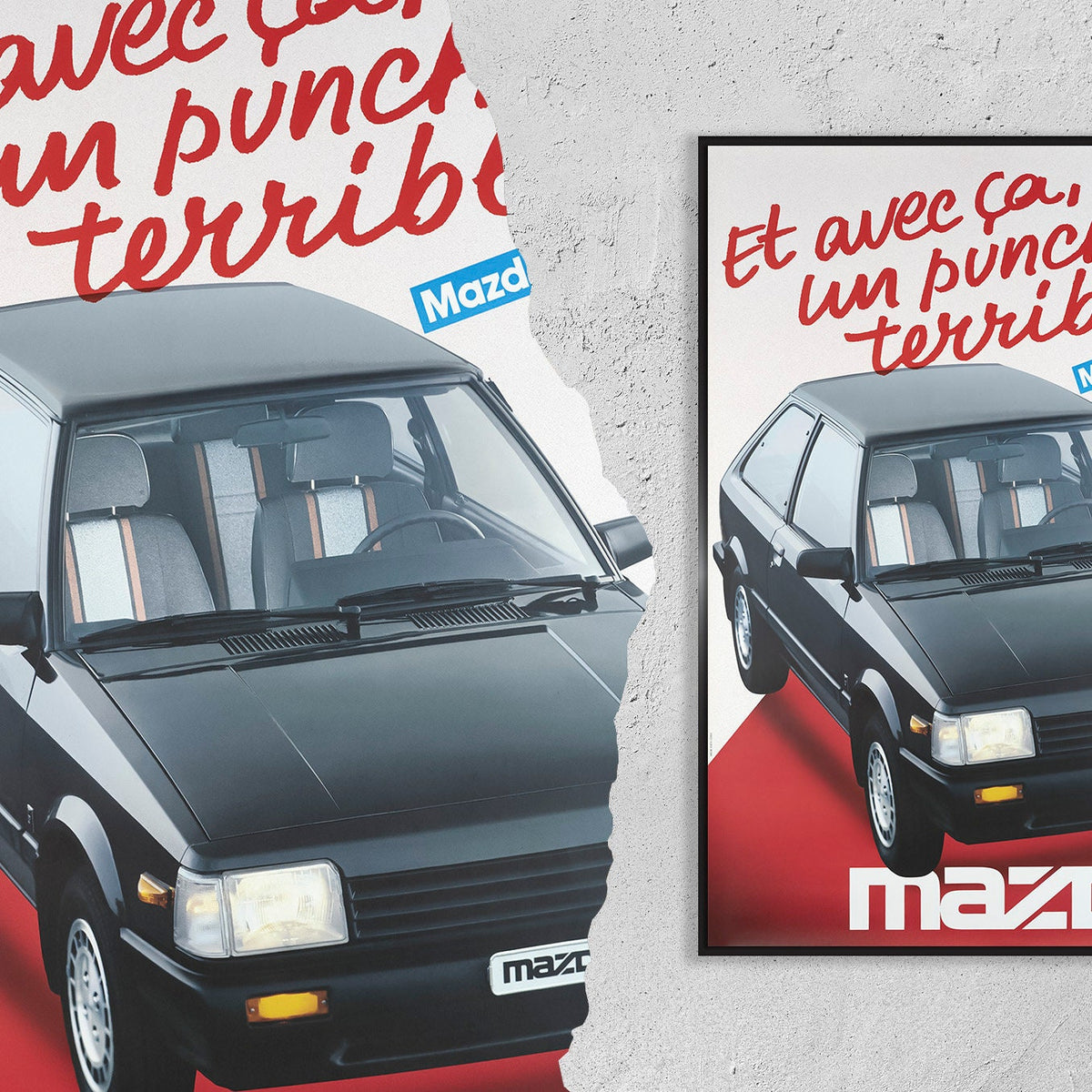 Hochauflösender Druck - A4, A3...20x30 Zoll... Mazda 323GT, Et avec ça, Un punch terrible, 1985 - Auto-Werbeplakat