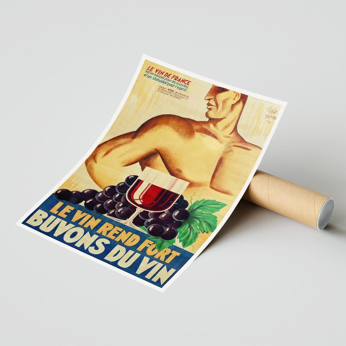 Vintage Kunstdruckposter - A4, A1...20x30 Zoll... Le vin rend fort (Geeo Yrrab, 1934), Buvons Le Vin, Le Vin De France - Alkoholgetränk-Druck