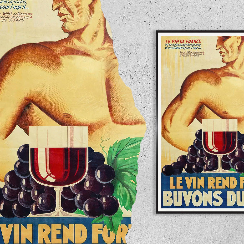 Vintage Kunstdruckposter - A4, A1...20x30 Zoll... Le vin rend fort (Geeo Yrrab, 1934), Buvons Le Vin, Le Vin De France - Alkoholgetränk-Druck