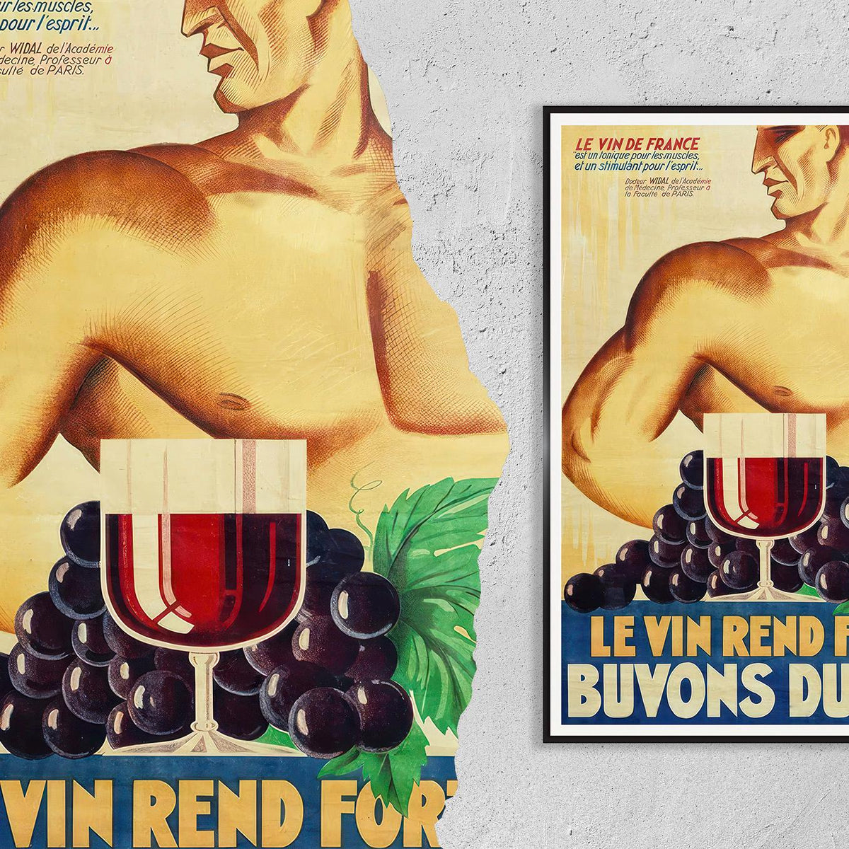 Vintage Kunstdruckposter - A4, A1...20x30 Zoll... Le vin rend fort (Geeo Yrrab, 1934), Buvons Le Vin, Le Vin De France - Alkoholgetränk-Druck