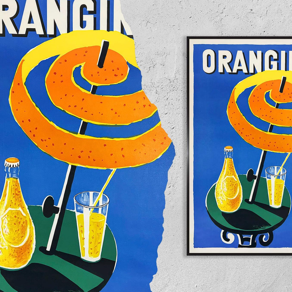 Vintage-Kunstdruck-Poster – A4, A1… 20x30 Zoll… Orangina „Terrasse und Sonnenschirm“, 1936 – Vintage-Getränke-Druck