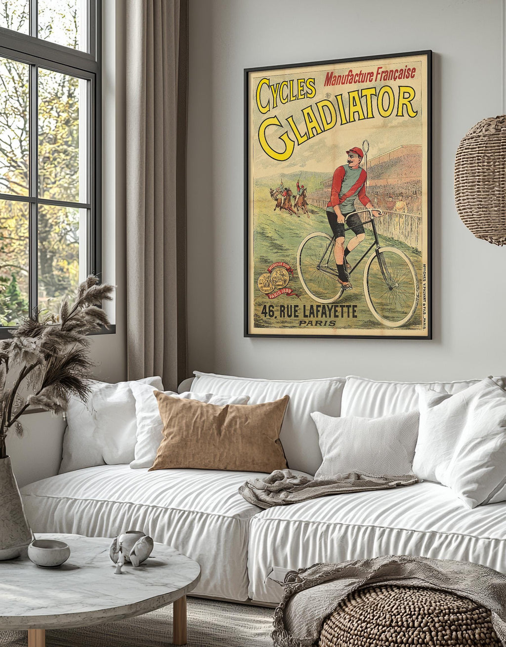 Cycles Gladiator, französische Produktion, 46 rue Lafayette, 1900 · Antikes Fahrradwerbeplakat
