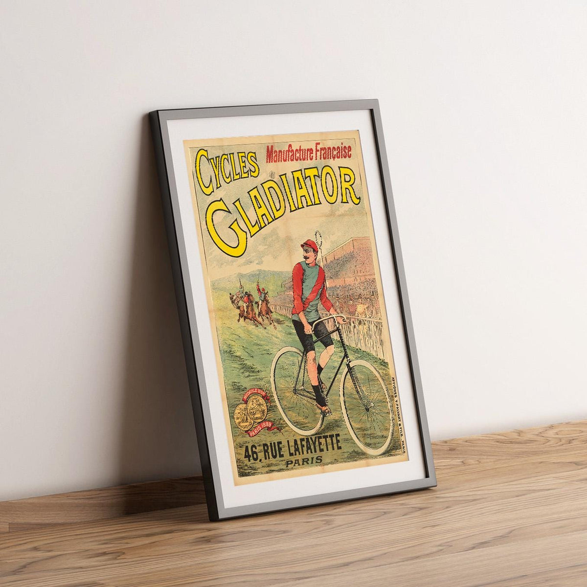 Cycles Gladiator, französische Produktion, 46 rue Lafayette, 1900 · Antikes Fahrradwerbeplakat