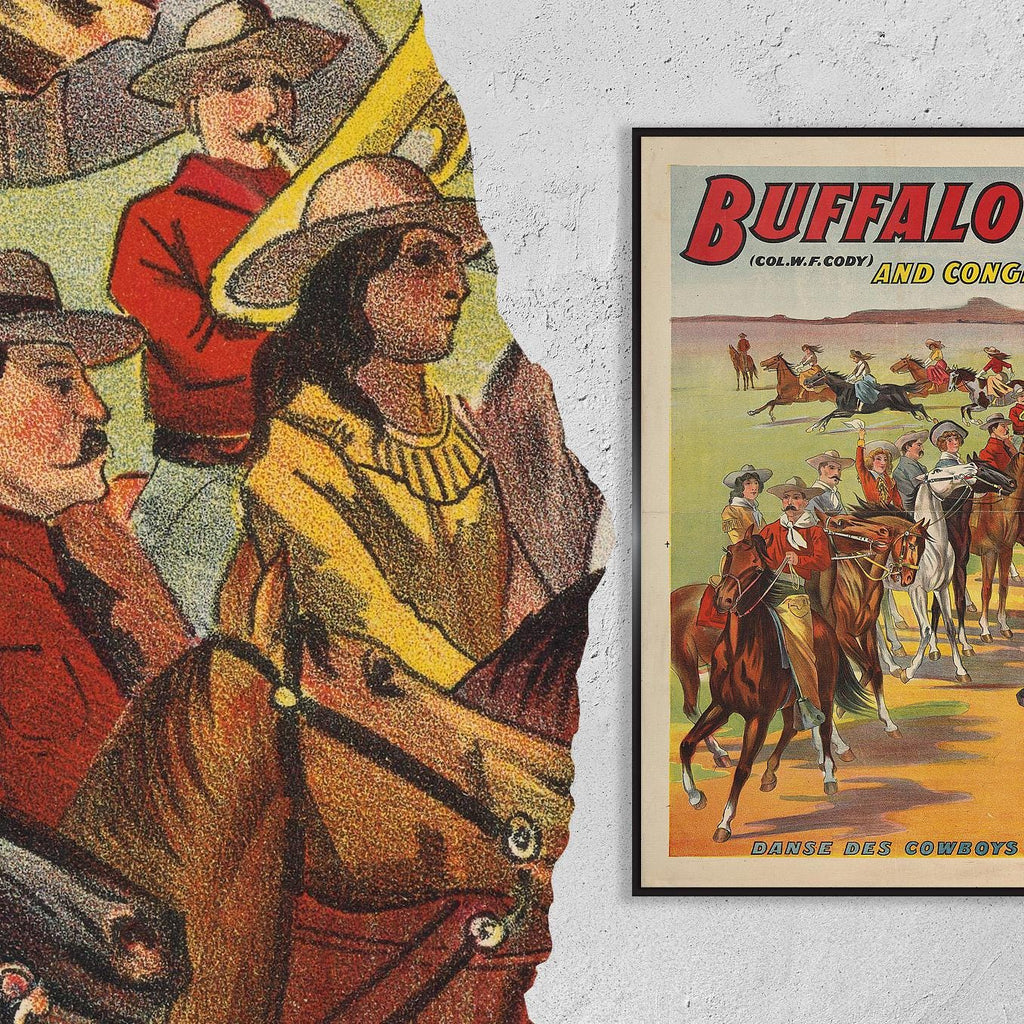 Vintage Fine Art Poster - A4, A3...20x30 inch... Buffalo Bill's Wild West, Danse des cow-boys à cheval, 1905, Paris, Vin