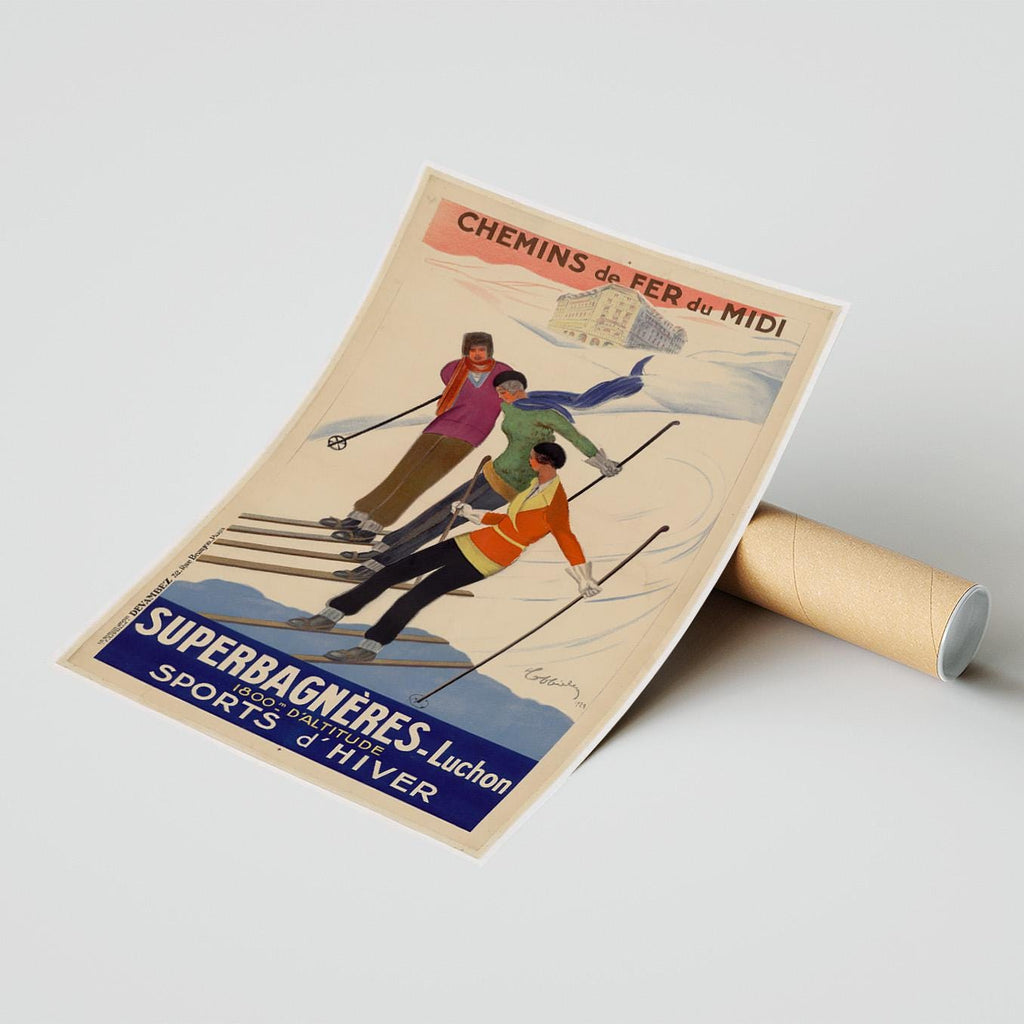 Vintage Kunstdruckposter – A4, A1... 20x30 Zoll... Superbagnères-Luchon, Chemins de fer du midi, PLM, 1929 von Leonetto Capiello – Wintersport