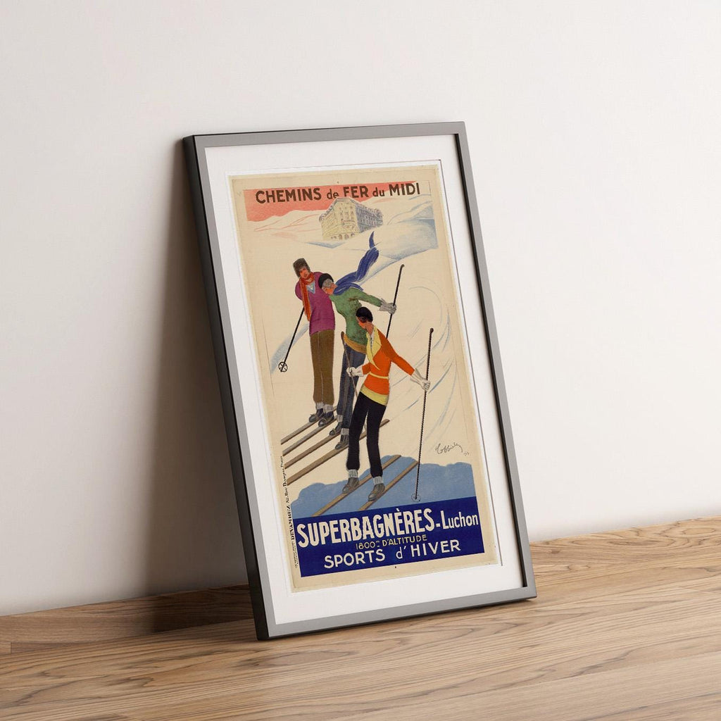 Vintage Kunstdruckposter – A4, A1... 20x30 Zoll... Superbagnères-Luchon, Chemins de fer du midi, PLM, 1929 von Leonetto Capiello – Wintersport