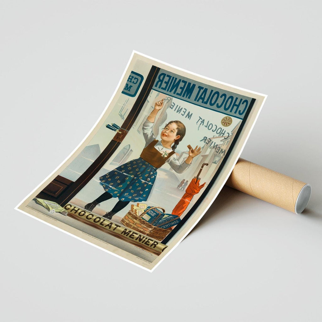 Vintage Kunstdruckposter – A4, A3... 20x30 Zoll... Chocolat Menier, Fillette de face écrivant sur une vitrine, Firmin Bouisset, Frankreich Druck