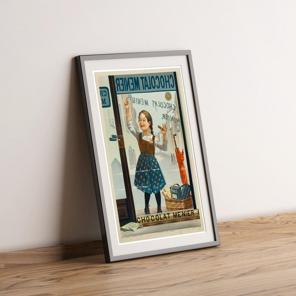 Vintage Kunstdruckposter – A4, A3... 20x30 Zoll... Chocolat Menier, Fillette de face écrivant sur une vitrine, Firmin Bouisset, Frankreich Druck