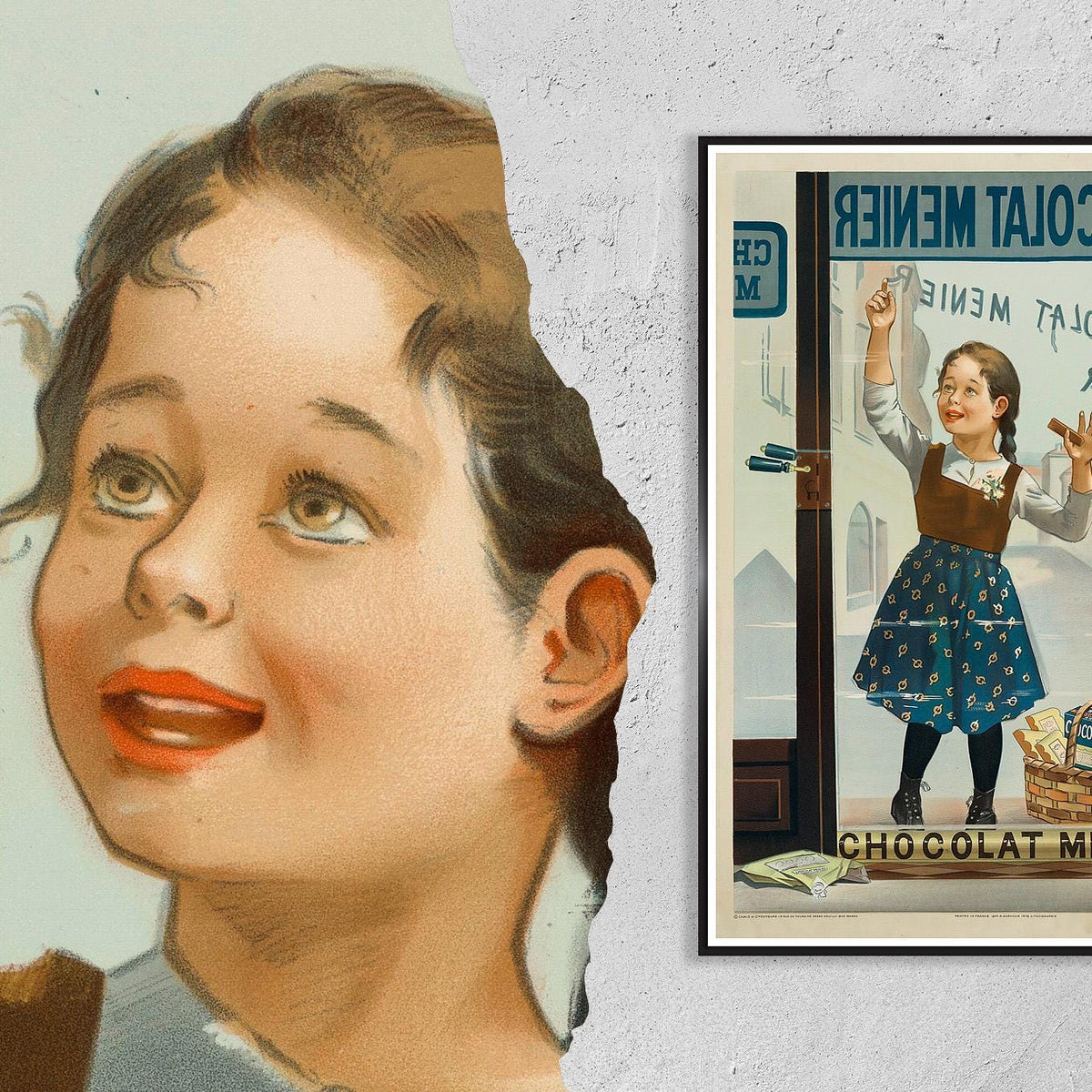 Vintage Fine Art Poster - A4, A3...20x30 inch... Chocolat Menier, Fillette de face écrivant sur une vitrine, Firmin Boui