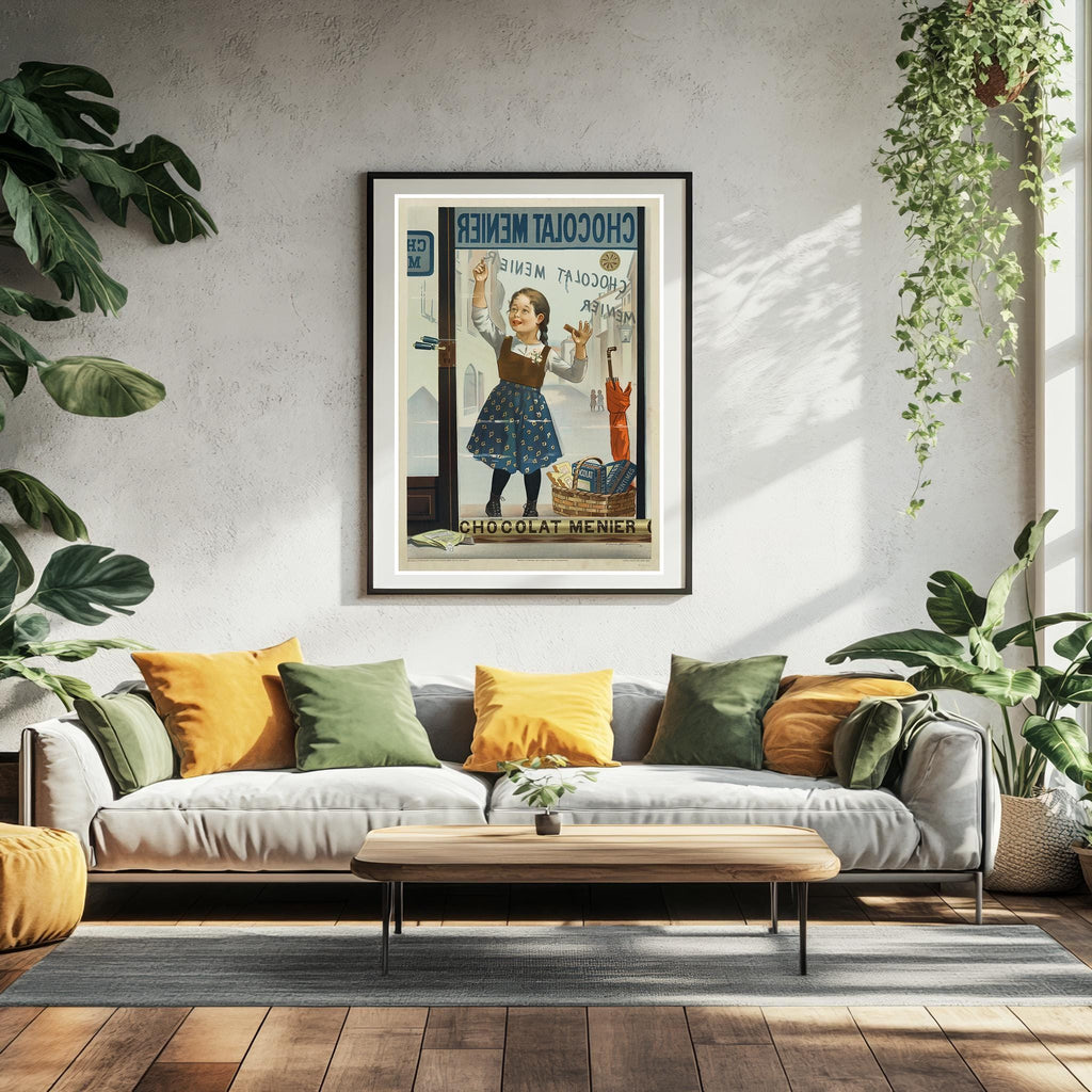 Vintage Kunstdruckposter – A4, A3... 20x30 Zoll... Chocolat Menier, Fillette de face écrivant sur une vitrine, Firmin Bouisset, Frankreich Druck