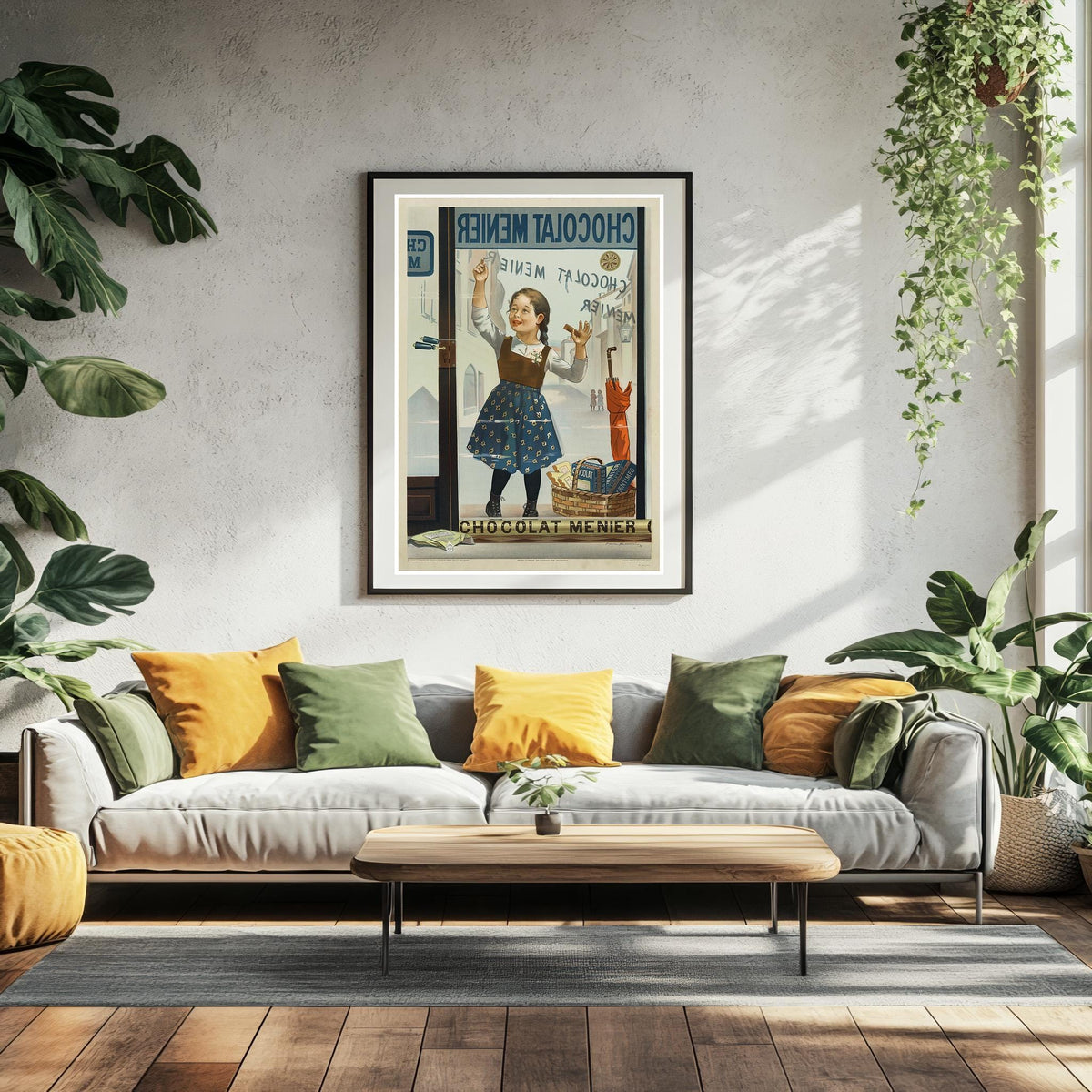 Vintage Kunstdruckposter – A4, A3... 20x30 Zoll... Chocolat Menier, Fillette de face écrivant sur une vitrine, Firmin Bouisset, Frankreich Druck