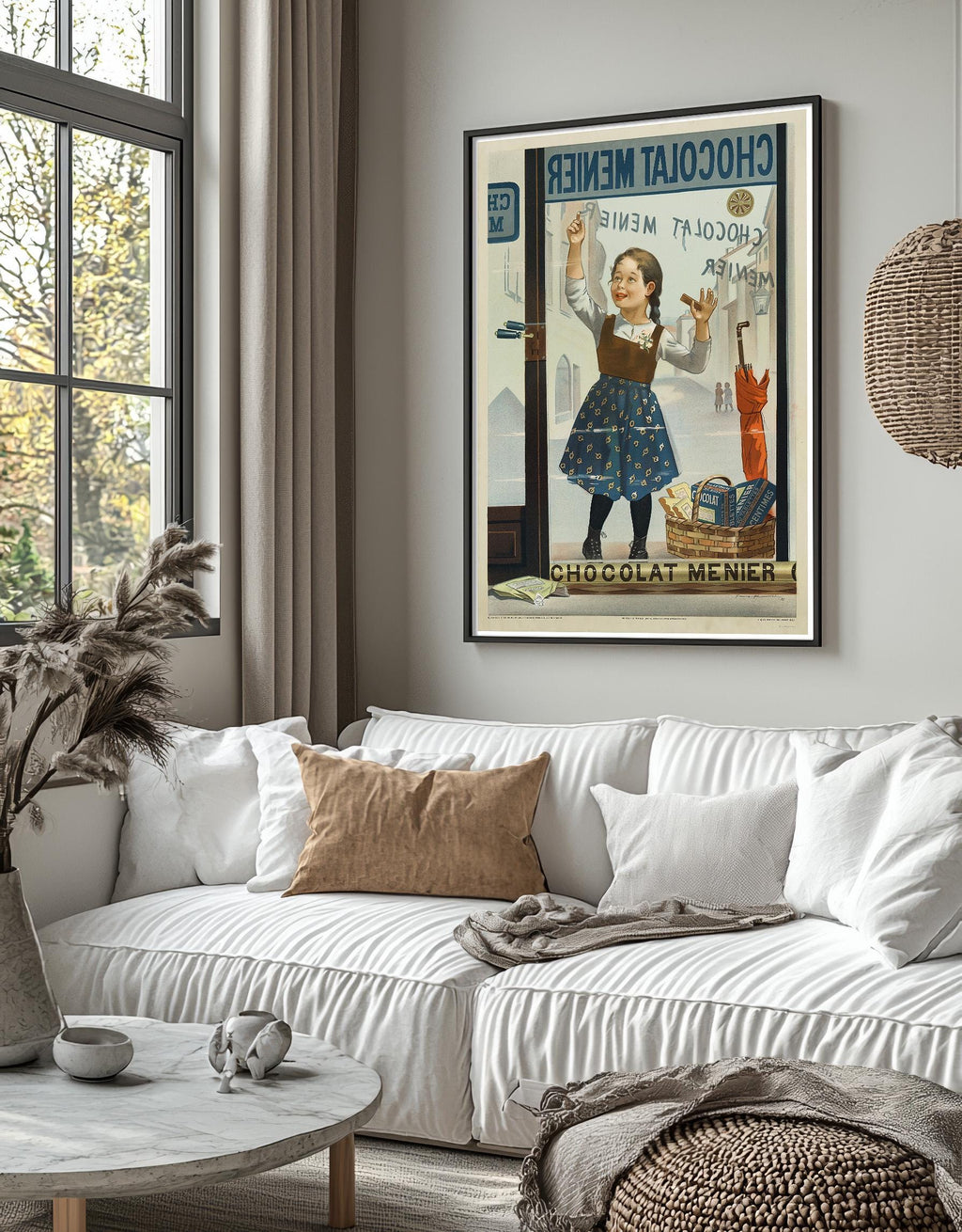 Vintage Kunstdruckposter – A4, A3... 20x30 Zoll... Chocolat Menier, Fillette de face écrivant sur une vitrine, Firmin Bouisset, Frankreich Druck