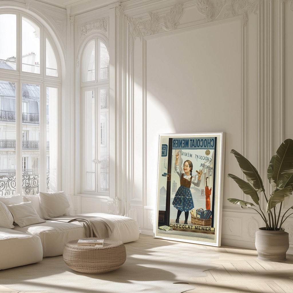 Vintage Kunstdruckposter – A4, A3... 20x30 Zoll... Chocolat Menier, Fillette de face écrivant sur une vitrine, Firmin Bouisset, Frankreich Druck