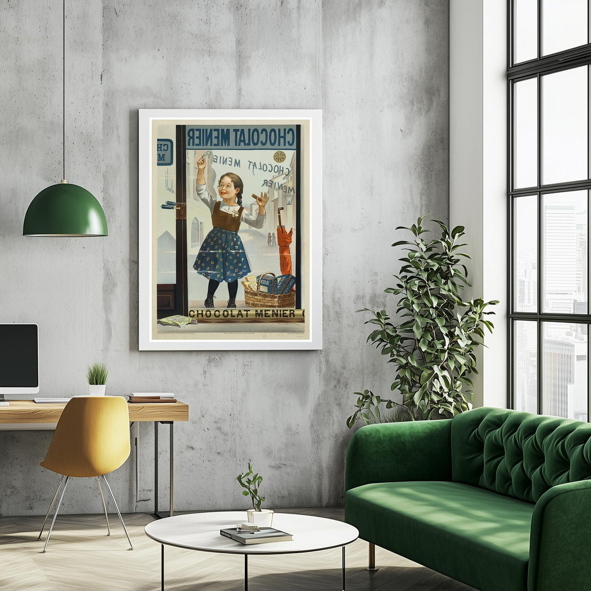 Vintage Kunstdruckposter – A4, A3... 20x30 Zoll... Chocolat Menier, Fillette de face écrivant sur une vitrine, Firmin Bouisset, Frankreich Druck