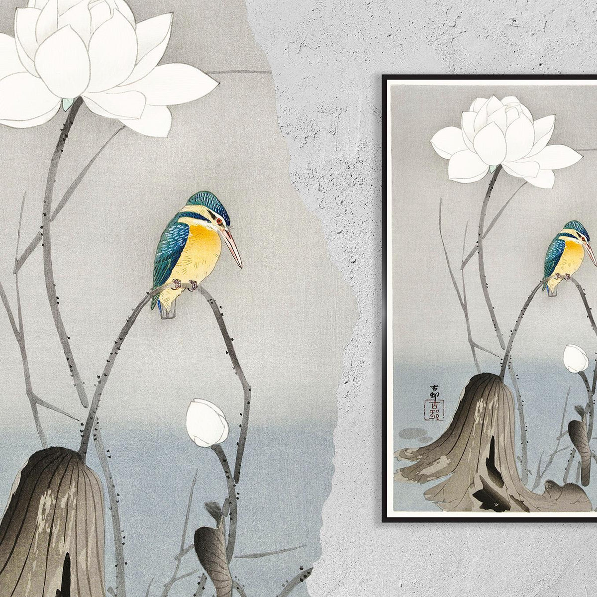 Kingfisher with Lotus Flower · 1927 by Ohara Koson Print Ukiyo-e Poster · Japan