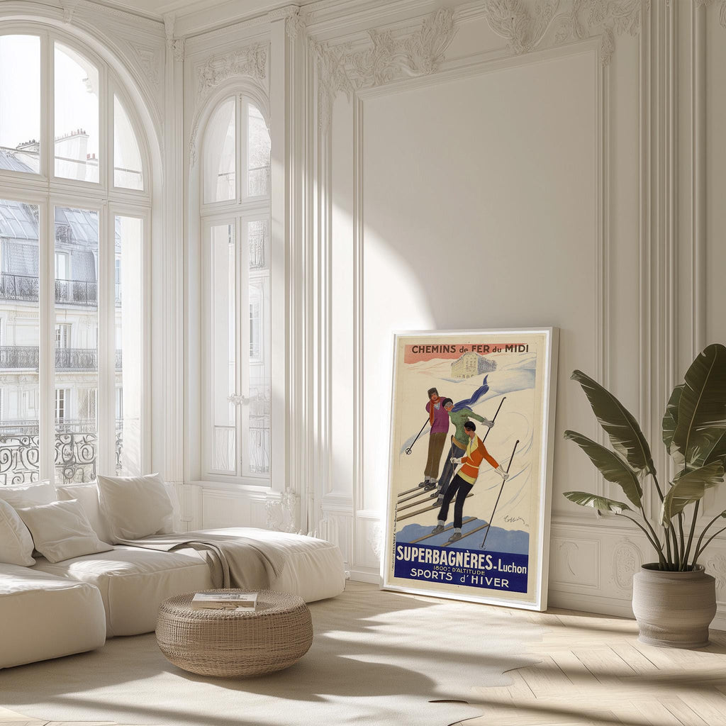 Vintage Kunstdruckposter – A4, A1... 20x30 Zoll... Superbagnères-Luchon, Chemins de fer du midi, PLM, 1929 von Leonetto Capiello – Wintersport