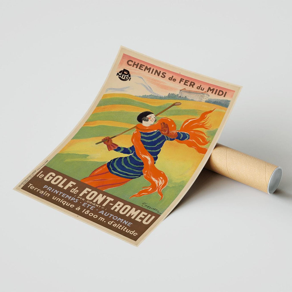 Vintage Fine Art Poster - A4, A3...20x30 inch... Le golf de Font-Romeu, Chemins de fer du midi, PLM, 1929 von Leonetto Capiello - Sportbild