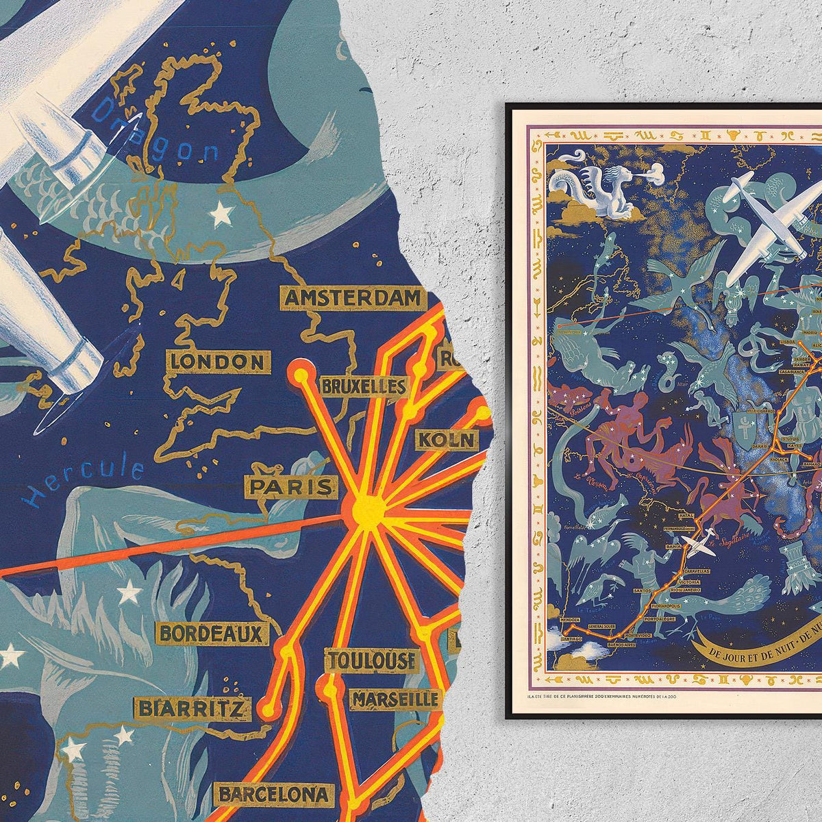 Vintage Fine Art Poster - A4, A1...20x30 inch... Air France Paris, Constellations Route Map, Star Chart, 1939  - Airline
