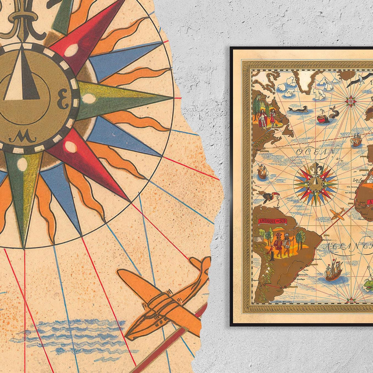 Vintage Fine Art Poster - A4, A1...20x30 inch... Air France Paris, Map Nova et Vetera by Lucien Boucher, 1950  - Airline
