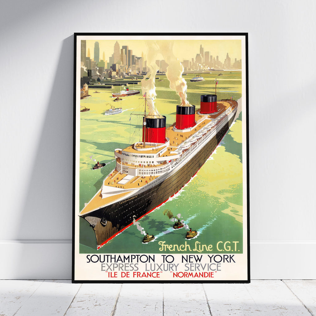 A framed vintage travel poster of the Southampton to New York French Line ocean liner, leaning against a white wall on a light wood floor.
