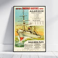 A framed vintage travel poster for Algérie maritime, featuring an illustration of a sailing ship on the sea with printed text and pricing information, leaning against a light gray wall on a white floor.