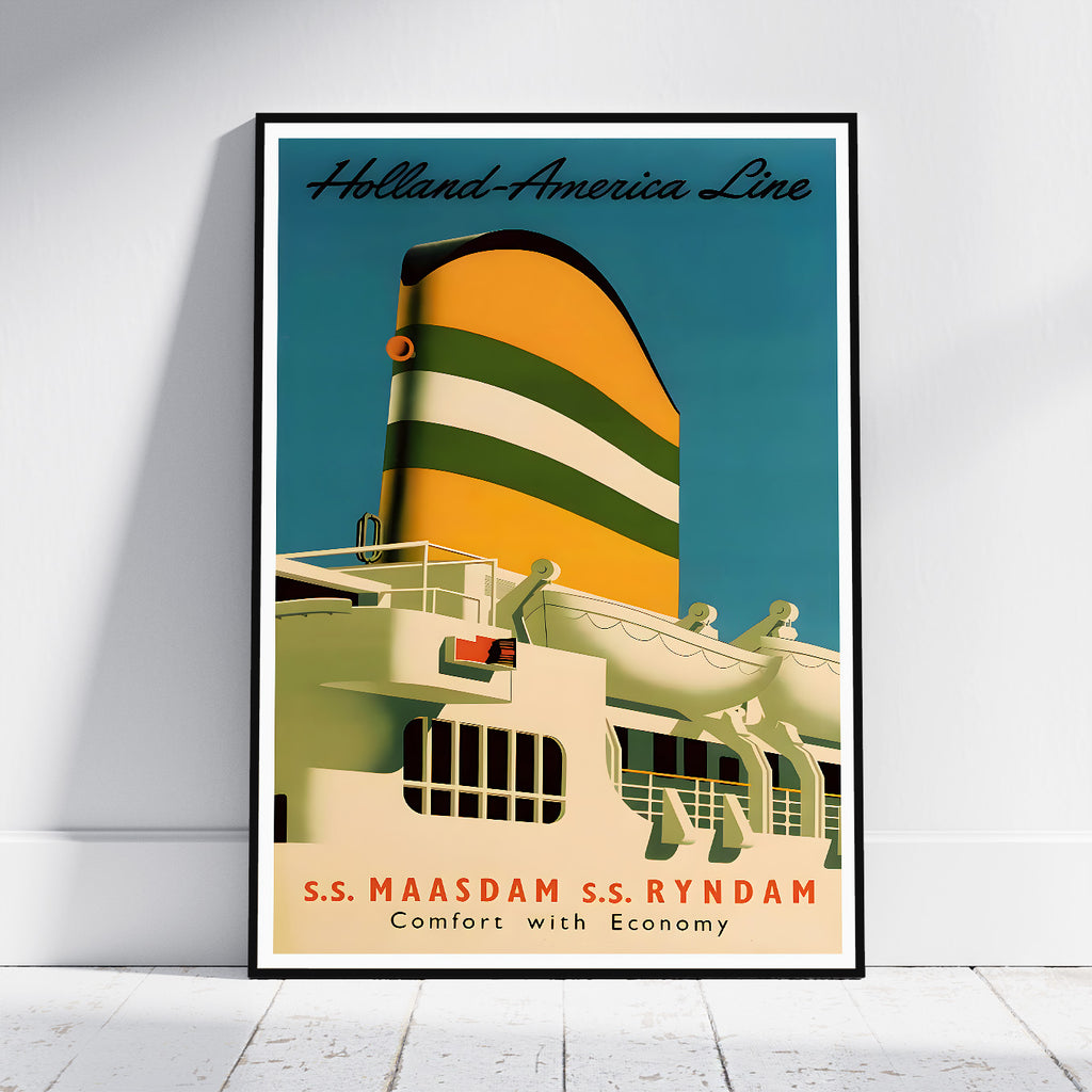 A framed vintage-style travel poster leaning against a white wall on a light wood floor. The poster shows a large ship with a yellow and green striped funnel, cream-colored hull, and blue sky background.