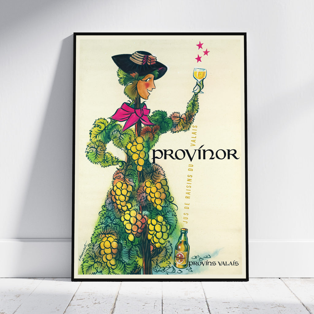 Hochauflösender Druck - A4, A3...20x30 Zoll... Provinor, Jus de raisins du Valais, Juice Raisin Provins, 1951 - Vintage Getränke Poster