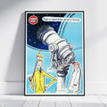 A framed vintage-style illustrated poster leaning against a white wall on a light wood floor. The artwork shows a telescope, a cartoon figure in a yellow suit holding a cigar, another figure in a white coat, and the text 'LEMON HART' and 'Have a GOOD RUM for your money'.