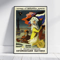 A framed vintage Russian propaganda poster print leaning against a white wall on a light wood floor. The poster features a woman in a yellow dress and white headscarf holding a large multicolored flag, with Cyrillic text at the top and bottom.