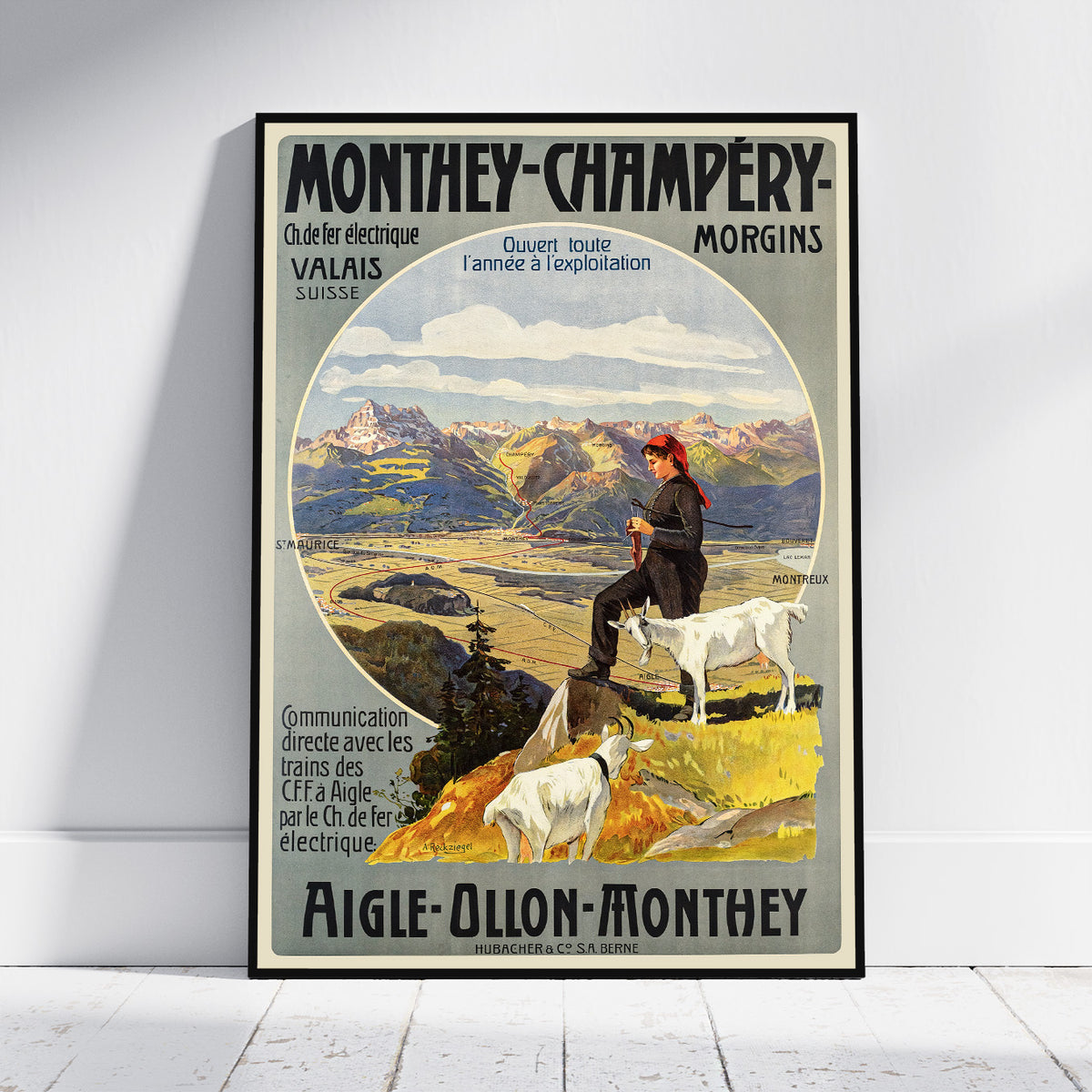 Vintage Kunstdruckposter - A4, A1...20x30 Zoll... Poster für die A.O.M.C. Eisenbahn, Monthey Champéry Morgins, Aigle Ollon Monthey, 1908