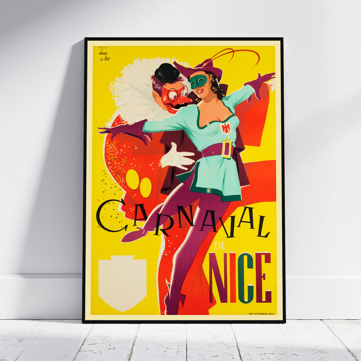 A framed vintage-style poster leaning against a white wall on a light wood floor. The poster features a colorful illustration of a woman in a teal and purple outfit with a large red-and-white skull figure behind her, set on a bright yellow background.
