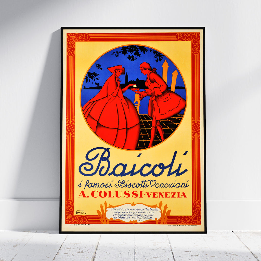 A framed vintage-style poster leaning against a white wall on a light floor. The poster features a cream background with a red ornamental border, a central blue oval containing two red figures, and large blue and red text reading "Baicoli" and "A.