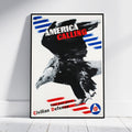 A framed vintage-style poster leaning against a white wall on a light wood floor. The poster features a large black-and-white eagle with bold text reading 'AMERICA CALLING' and 'Take your place in Civilian Defense,' plus blue and red graphic accents.