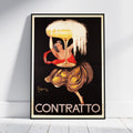 A framed vintage-style poster leaning against a white wall on a light wood floor. The artwork shows a woman in a red dress holding a large golden drink glass above the word 'CONTRATTO' in bold cream letters on a black background.
