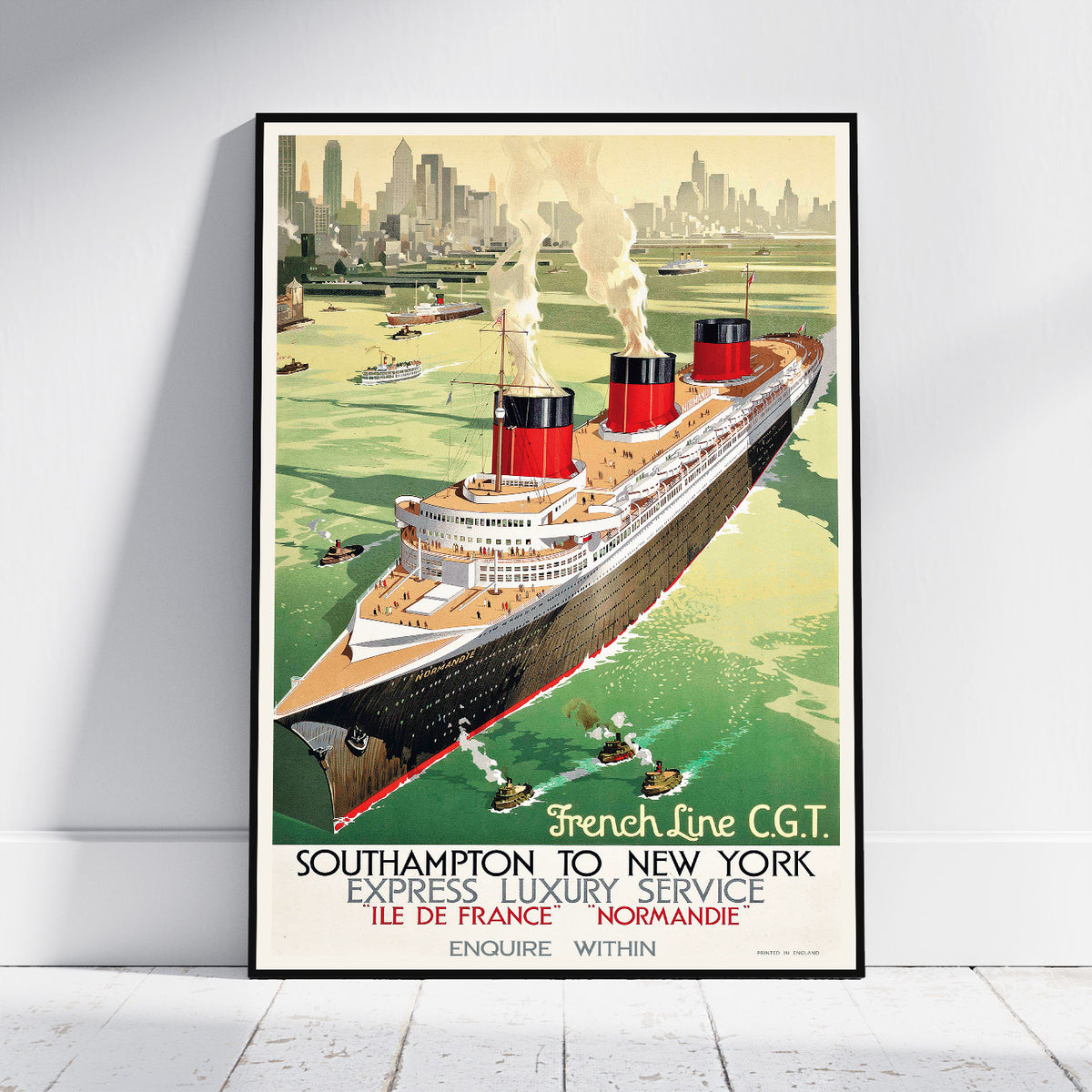 A framed vintage travel poster of the French Line CGT. Southampton to New York express luxury service, featuring a large ocean liner on green water with a city skyline in the background, displayed on a light gray wall.